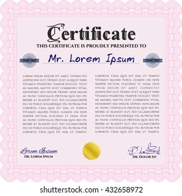 Certificate or diploma template. Customizable, Easy to edit and change colors. Cordial design. Easy to print. Pink color.