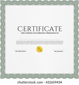 Certificate or diploma template. Customizable, Easy to edit and change colors. Cordial design. Easy to print. Green color.