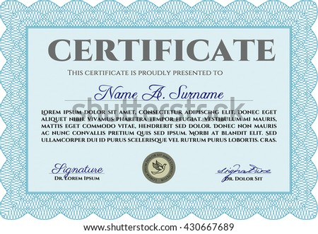 Certificate or diploma template. Customizable, Easy to edit and change colors. Easy to print. Cordial design. Light blue color.