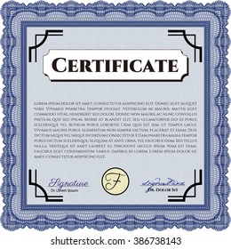 Certificate or diploma template. Easy to print. Customizable, Easy to edit and change colors. Cordial design. Blue color.