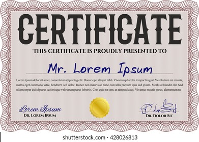 Certificate or diploma template. Easy to print. Cordial design. Customizable, Easy to edit and change colors. Red color.