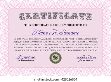 Certificate or diploma template. Easy to print. Cordial design. Customizable, Easy to edit and change colors. Pink color.