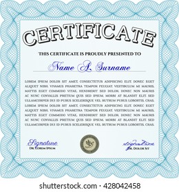 Certificate or diploma template. Easy to print. Customizable, Easy to edit and change colors. Cordial design. Light blue color.