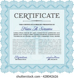Plantilla de certificado o diploma. Fácil de imprimir. Personalizable, fácil de editar y cambiar los colores. Diseño cordial. Color azul claro.