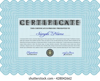 Certificate or diploma template. Easy to print. Customizable, Easy to edit and change colors. Cordial design. Light blue color.