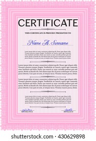 Certificate or diploma template. Easy to print. Cordial design. Customizable, Easy to edit and change colors. Pink color.