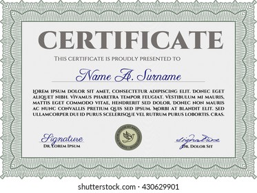 Certificate or diploma template. Easy to print. Cordial design. Customizable, Easy to edit and change colors. Green color.