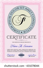 Certificate or diploma template. Easy to print. Customizable, Easy to edit and change colors. Cordial design. Pink color.