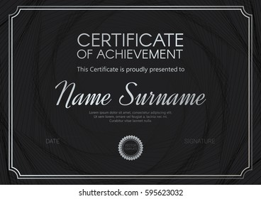 Certificate or diploma template with elegant black - silver design. Vector illustration.