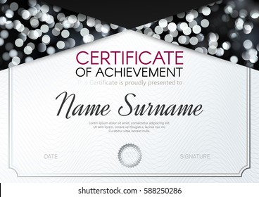 Certificate or diploma template with elegant black-silver-white design. Vector illustration.