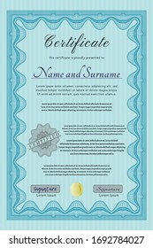 Certificate or diploma template.  Elegant design.  With linear background.  Detailed.  Light blue color.