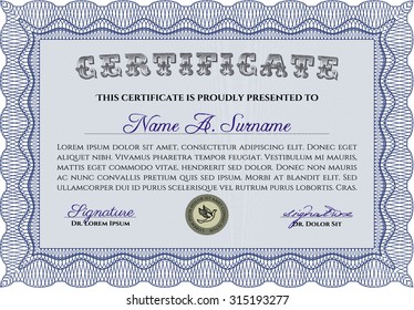 Certificate or diploma template. Elegant design. With guilloche pattern. Border, frame.