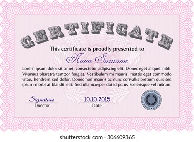 Certificate or diploma template. Excellent design. With complex linear background. Frame certificate template Vector.