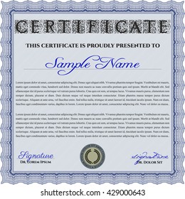 Plantilla de certificado o diploma. Buen diseño. Con fondo. Borde, marco. Color azul.