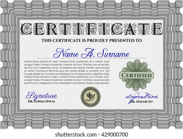 Certificate or diploma template. Good design. With background. Border, frame. Grey color.