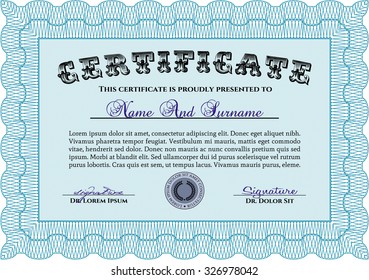 Certificate or diploma template. With guilloche pattern. Money style.Cordial design. 