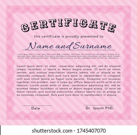 Certificate or diploma template.  Lovely design.  With guilloche pattern.  Customizable, Easy to edit and change colors.  Pink color.