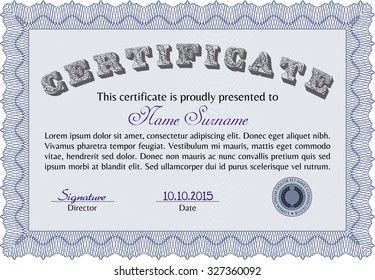 Certificate or diploma template. Lovely design. With linear background. Money style.