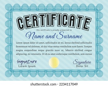 Certificate or diploma template.  Money Pattern design.  With linear background.    Light blue color.