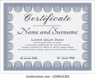 Certificate or diploma template.  Money Pattern.  With linear background.    Blue color.