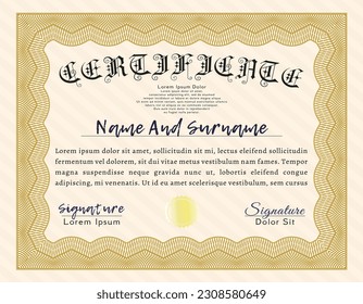 Certificate or diploma template.  Retro design.  With guilloche pattern and background.  Vector illustration.  Orange color.