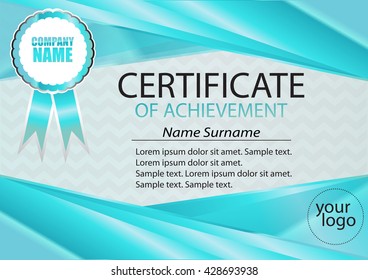 Certificate or diploma template. Turquoise frame. The text on separate layers. Reward. Winning the competition. Award winner. Vector illustration.
