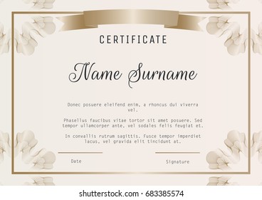 Certificate diploma template vector with guilloches in corners.