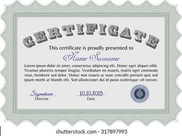 Certificate or diploma template. Vector illustration.Excellent design. With guilloche pattern and background. 