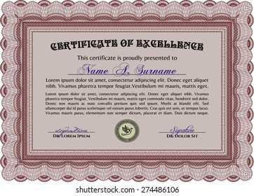 Zeugnis oder Diplomvorlage. Vector Certificate Template.Mit hochwertigem guilloche Muster. Hervorragendes Design. 