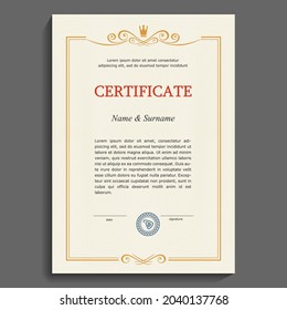 Certificate or diploma vertical template. Vintage vertical gold frame on a plain security mesh background. Gratitude, victory, reward. Vector illustration.