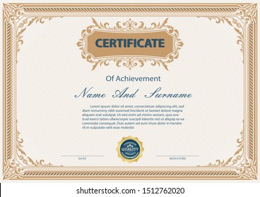 Certificate or diploma vintage style and design template with retro frame or ancient border. vector illustration