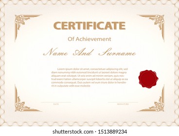 Certificate or diploma vintage style and design template with retro frame or ancient border. vector illustration