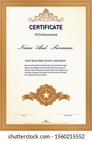 Certificate or diploma vintage style and design template with retro frame or ancient border. vector illustration