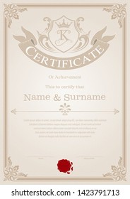 Certificate or diploma vintage style and retro design template vector illustration, vertical style
