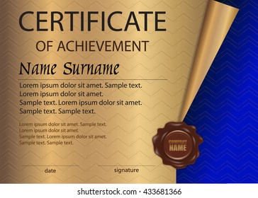 Certificate or diploma with wax seal. Template on a gold background. Reward. Award winner. Winning the competition. The text on separate layers. Vector illustration.