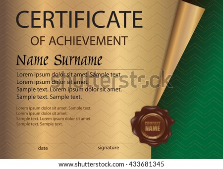 Certificate or diploma with wax seal. Template on a gold background. Reward. Award winner. Winning the competition. The text on separate layers. Vector illustration.