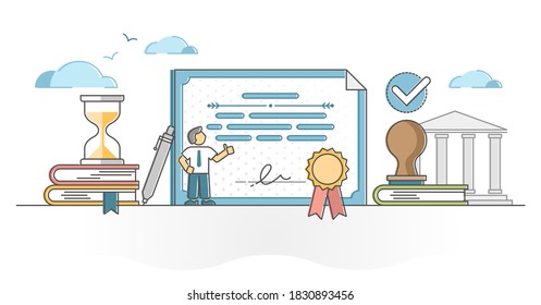 Certificate document as award or diploma about skill or knowledge achievement outline concept. Legal document that proves appropriate professional in work vector illustration. Official honor note.