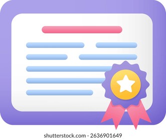 Certificate document, diploma icon vector cartoon illustration. Official paper with medal award, star, and ribbons. Achievement recognition, education, quality guarantee, graduation concept symbol