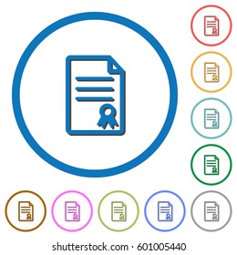 Certificate document flat color vector icons with shadows in round outlines on white background