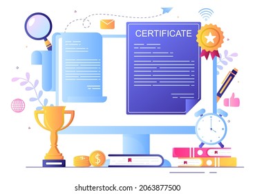 Certificate Document Icon with License Badge, Diploma and Medal for Website, Poster or Brochure Background Vector Illustration