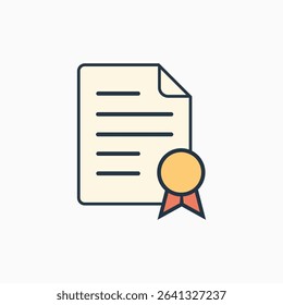 Certificate document icon with official badge for employee record, digital credentials, training completion proof, or business administration visuals