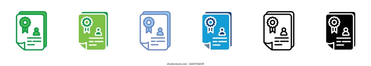 Conjunto de ícones do documento do certificado - Certificado do prêmio multicolor com perfil do usuário, diplomata da conquista e símbolos do vetor do reconhecimento oficial