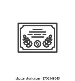 Certificate document with laurel line icon. linear style sign for mobile concept and web design. Warranty certificate outline vector icon. Symbol, logo illustration. Vector graphics