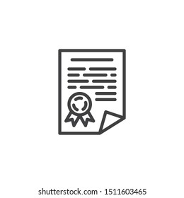 Certificate document line icon. Warranty sheet of paper with stamp linear style sign for mobile concept and web design. Diploma agreement outline vector icon. Symbol logo illustration. Vector graphics