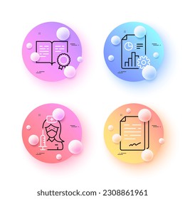 Certificate, Document signature and Vaccination minimal line icons. 3d spheres or balls buttons. Report icons. For web, application, printing. Certified file, Agreement file, Medical vaccine. Vector