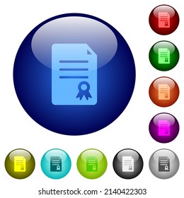 Certificate document solid icons on round glass buttons in multiple colors. Arranged layer structure
