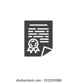 Certificate document vector icon. Warranty sheet of paper with stamp filled flat sign for mobile concept and web design. Diploma agreement glyph icon. Symbol, logo illustration. Vector graphics