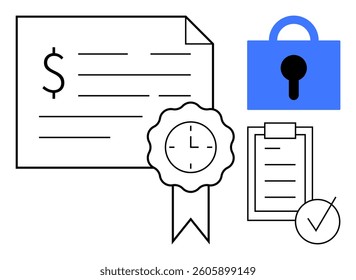 Certificate with dollar sign and text lines, ribbon with clock, blue padlock with keyhole, and document checklist with tick. Ideal for themes business authenticity, financial security, certification