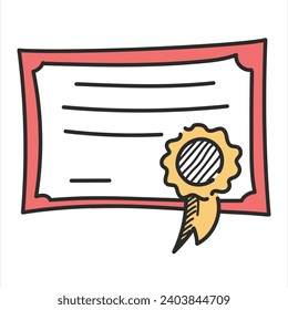 Certificate doodle icon vector isolated. Hand-drawn illustration of a diploma, concept of education. Graduation award. Professional document, success in education.