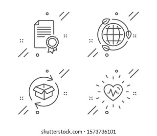 Certificate, Eco energy and Return parcel line icons set. Heartbeat sign. Diploma, Ecology, Exchange of goods. Medical heart. Business set. Line certificate outline icon. Vector
